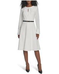 Calvin Klein - Long Sleeve Keyhole Neck Belted Scuba Crepe A-line Knee Length Dress - Lyst