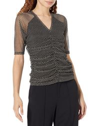 DKNY - Short Sleeve V-neck Mesh Ruched Knit Top - Lyst