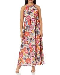 Maggy London - Womens Floral Printed Halter Maxi With Waist Tie Dress - Lyst
