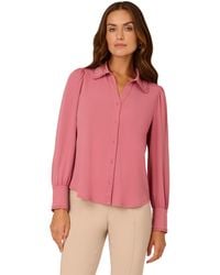 Adrianna Papell - Open V-collar Ruffle Trim Knit Top With Long Puff Sleeves - Lyst