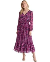 Kasper - Plus Size Long Sleeve V-neck Printed Maxi Dress - Lyst