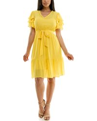 Nanette Lepore - Carribean Texture Dress With Self Tie Belt And Tiered Flutter Sleeve - Lyst