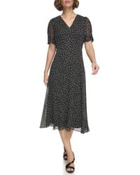 DKNY - Petite Short Sleeve Button Front Fit & Flare Midi Dress - Lyst