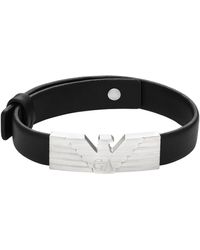 Emporio Armani - Silver Stainless Steel And Black Leather Strap Id Bracelet - Lyst