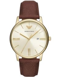 Emporio Armani - Three-hand Date Gold And Brown Leather Band Watch - Lyst