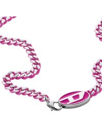 DIESEL - Silver Stainless Steel And Pink Lacquer Logo Chain Necklace - Lyst