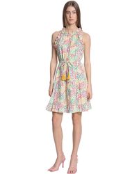 Donna Morgan - Mini Floral Printed Ruffle Neck And Armhole Dress With Contrast Tassel Trim - Lyst