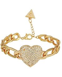 Guess Goldtone Statement Chunky Curb Bracelet With Pave Heart Pendant - Metallic