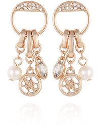 Guess - Pearl And Stone Charm Cluster Logo Drop Earrings Goldtone - Lyst