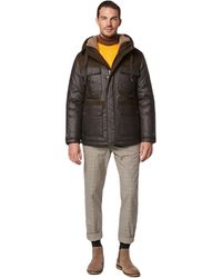 Andrew Marc - Short Fabric Blocked Parka With A Sherpa Lined Harrigan Hooded Cuff Tab With Adjustable Snap - Lyst