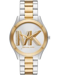 Michael Kors - Slim Runway Logo Silver And Gold Two-tone Stainless Steel Bracelet Watch - Lyst