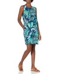 28 Palms 100% Linen Tropical Print Sleeveless Shift Dress With Pockets - Blue