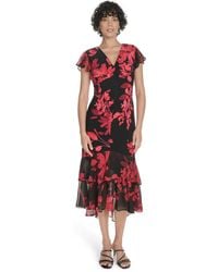 Tommy Hilfiger - Chiffon Flutter Sleeve And Hem V Neck Midi Dress - Lyst