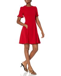 DKNY - Womens Flounce Sleeve Fit And Flare With Belt Dress - Lyst