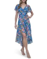DKNY - Short Flutter Sleeve V-neck High Low Hem Ruffle Dress - Lyst