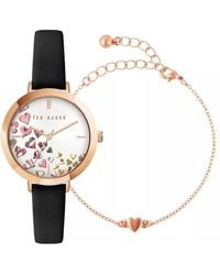 Ted Baker - Ammy Hearts Black Leather Strap Watch & Rose Gold Sweetheart Bracelet Box Set - Lyst