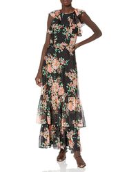 Shoshanna - Flutter Sleeve Floral Printed Sheath Gown With Two Ruffle Tiers - Lyst