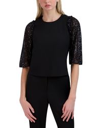 BCBGeneration - Relaxed Shirred Sequin Short Puff Sleeve Top Crew Neck Ruffle Shoulder Shirt - Lyst
