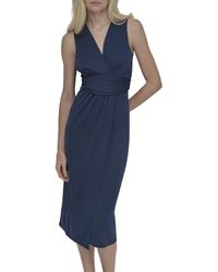 DKNY - Sleeveless Surplice Neck Side Ruching Midi Dress - Lyst