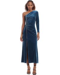 Donna Morgan - One Sleeve Side Ruched Velvet Maxi Dress With Rhinestone Trim Detail - Lyst