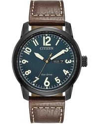 Citizen - Eco-drive Weekender Garrison Field Watch In Black Ip Stainless Steel With Brown Leather Strap - Lyst