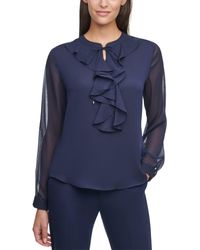 Tommy Hilfiger - Long Sleeve Ruffle Front Blouse Midnight Lg - Lyst