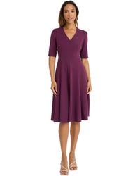 Donna Morgan - Dresses Stretch Crepe Elbow Sleeve V-neck Fit And Flare Midi Dress - Lyst