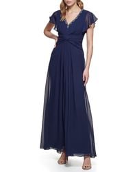 Eliza J - Gown Style Twist Waist Chiffon Flutter Sleeve Beaded Vneck Dress - Lyst