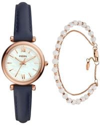 Fossil - Carlie Mini Quartz Stainless Steel And Leather Three-hand Watch Stainless Steel Rose Gold-tone Beaded Bracelet - Lyst