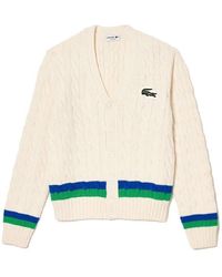 Lacoste - Long Sleeve Colorblock Neck Cable Knit Button Cardigan - Lyst