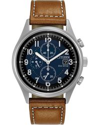 Citizen - Eco-drive Weekender Garrison Chronograph Field Watch In Stainless Steel With Brown Leather Strap - Lyst