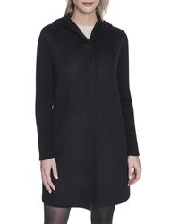 Kenneth Cole - Hooded Double Face Wool With Hidden Snap Closure And Rib Knit Sleeve Coat - Lyst
