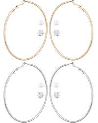 Guess - Silver-tone And Gold-tone Large Hoop Earring With Pearl And Cz Stone Stud Earring Set - Lyst
