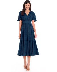 Maggy London - Flutter Sleeve V-neck Midi Dress With Tiered Skirt - Lyst