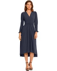 Maggy London - V-neck Hi-lo Midi Dress With Gathered Waist And Ruffle Details - Lyst