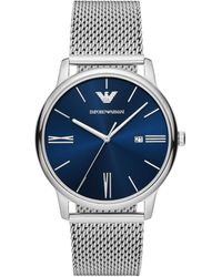 Emporio Armani - Three-hand Date Silver-tone Stainless Steel Bracelet Mesh Band Watch - Lyst