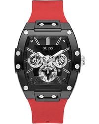 Guess - S Casual Multifunction 43mm Watch – Black Polycarbonate Case With Black Skeleton Dial & Red Silicone - Lyst