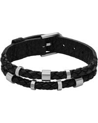 Fossil - Stainless Steel & Leather Black Multi Braided Leather Bracelet - Lyst