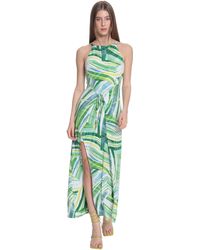 Donna Morgan - Brushstroke Palm Tree Print Angular Halter Faux Wrap Maxi With Spaghetti Waist Tie And Side Front Slit - Lyst
