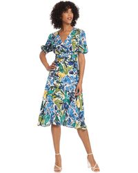 Maggy London - Short Puff Sleeve Dress With Pleated V-neck And Gathered Waistband Details - Lyst