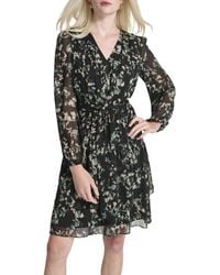 DKNY - Long Balloon Sleeve V-neck Mini Ruffle Hem Belted Dress - Lyst