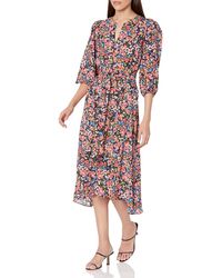 Shoshanna - Three-quarter Sleeve Printed Floral Midi Dress With Handkerchief Hem - Lyst