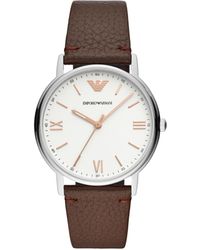 Emporio Armani - Three-hand Silver And Brown Leather Band Watch - Lyst