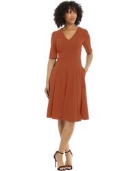 Donna Morgan - Dresses Stretch Crepe Elbow Sleeve V-neck Fit And Flare Midi Dress - Lyst