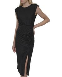 DKNY - Sleeveless Jewel Neck Shoulder Pads Side Slit Midi Dress - Lyst