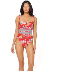 Jessica Simpson Standard Straight Neck One Piece Swimsuit Bathing Suit - Red