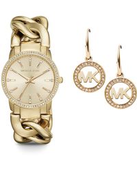Michael Kors - Lady Nini Quartz Watch With Stainless Steel Strap Gold-tone Mk Logo Drop Earrings - Lyst