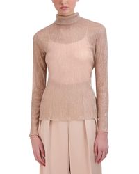 BCBGMAXAZRIA - Fitted Long Sleeve Top Mock Neck Pleated Glitter Mesh Shirt - Lyst