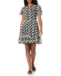 Dress the Population - Lillianna Short Puff Sleeve Round Neck Illusion Bodice Fit And Flare Mini Dress - Lyst