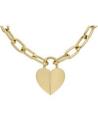 Fossil - Harlow Linear Texture Heart Gold-tone Stainless Steel Pendant Necklace - Lyst